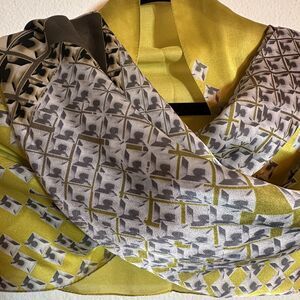 Vintage ECHO 100% SILK SCARF, Chartreuse, Black, Gray, Tan and White